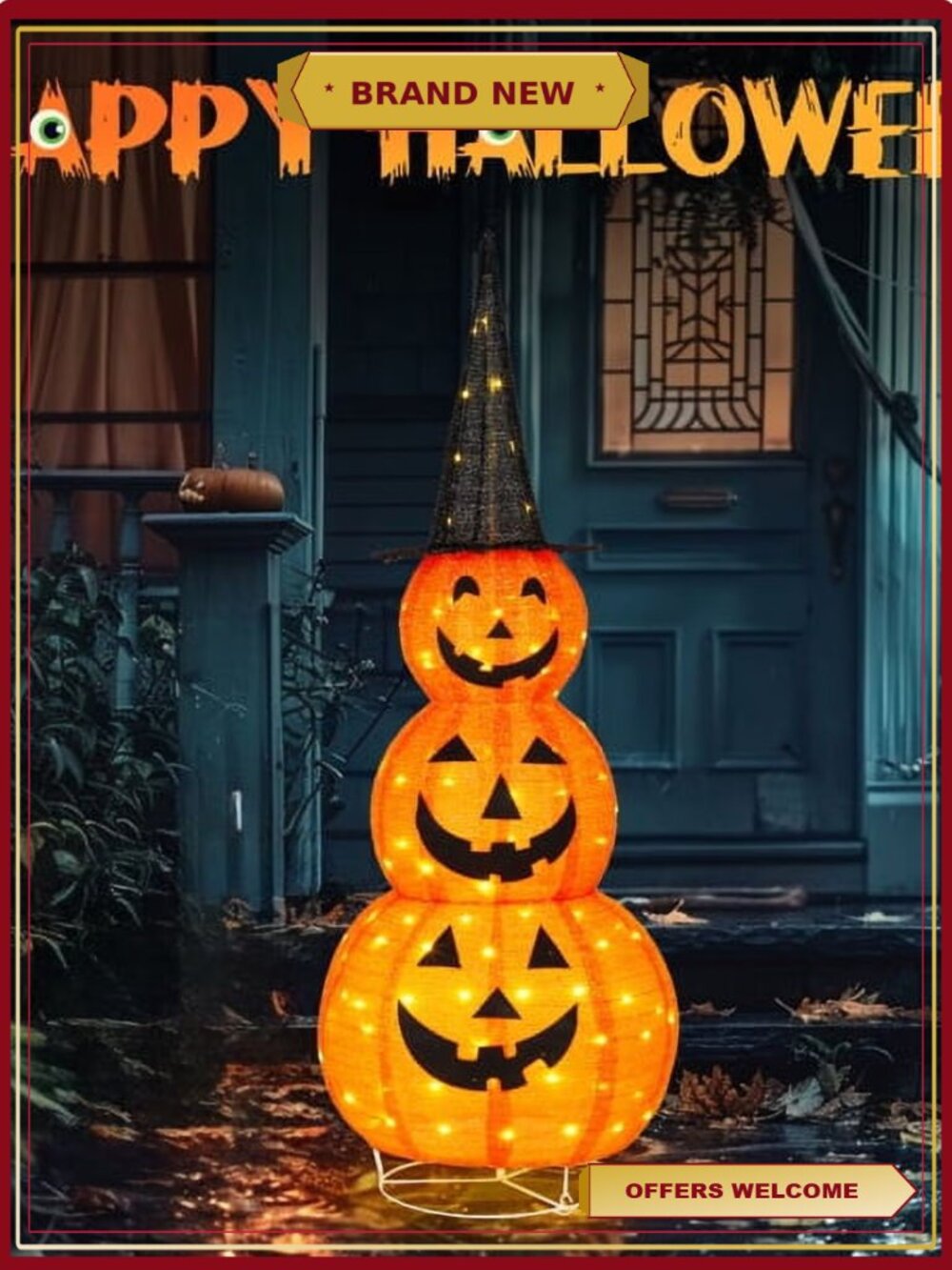 5ft Lighted Pop-Up Pumpkin, 100 LED Lights, Indoor Outdoor Halloween Decor